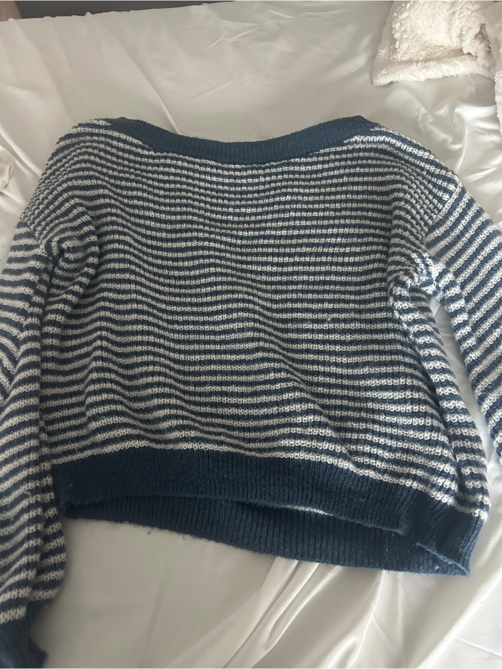 Off-the-Shoulder Striped Knit Sweater in Navy and White
